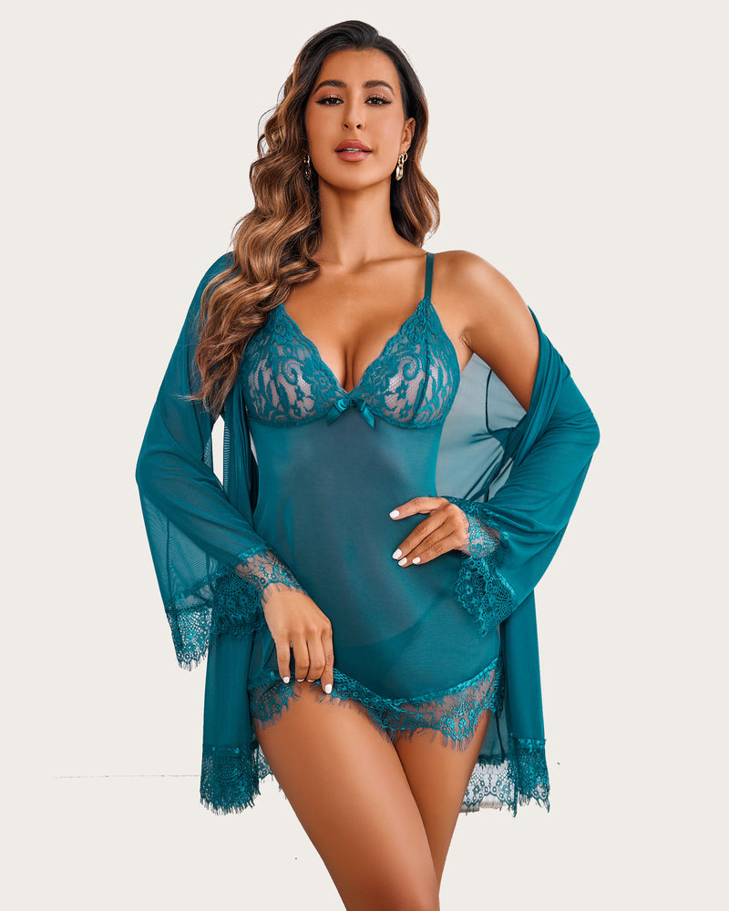 Mesh Robe Sets with Lace Dress (DE Only) Peacock Blue Sleepwears-Robes - Tophatter Daily Deals