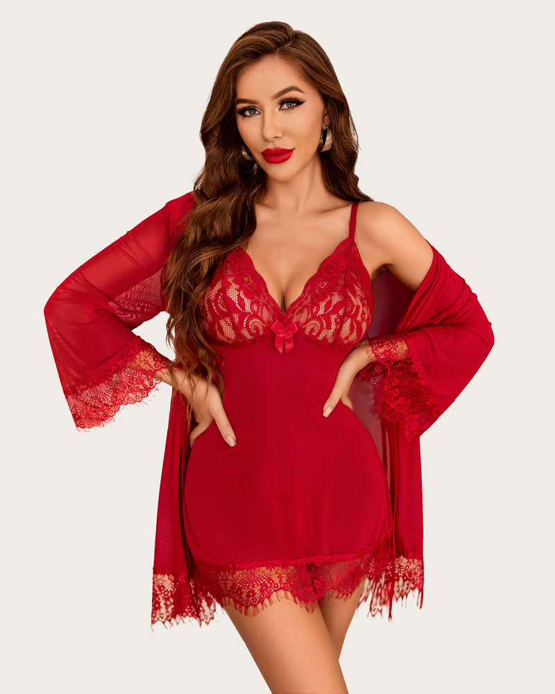Mesh Robe Sets with Lace Dress (DE Only) Dark Red Sleepwears-Robes - Tophatter Daily Deals