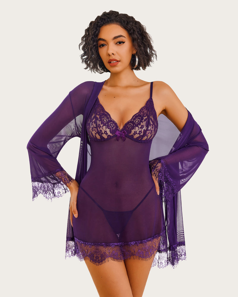 Mesh Robe Sets with Lace Dress (DE Only) Dark Purple Sleepwears-Robes - Tophatter Daily Deals