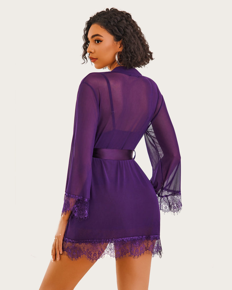 Mesh Robe Sets with Lace Dress (DE Only) Sleepwears-Robes - Tophatter Daily Deals