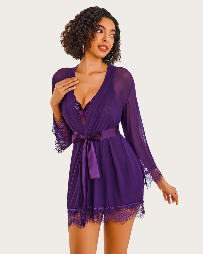Mesh Robe Sets with Lace Dress (DE Only) Sleepwears-Robes - Tophatter Daily Deals