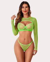 3 Pcs Fishnet Crop Sheer Sets (DE Only) Lemon Green Lingerie Sets-Bra Sets - Tophatter Daily Deals