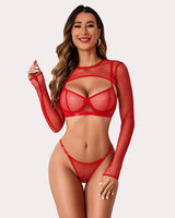 3 Pcs Fishnet Crop Sheer Sets (DE Only) Red Lingerie Sets-Bra Sets - Tophatter Daily Deals