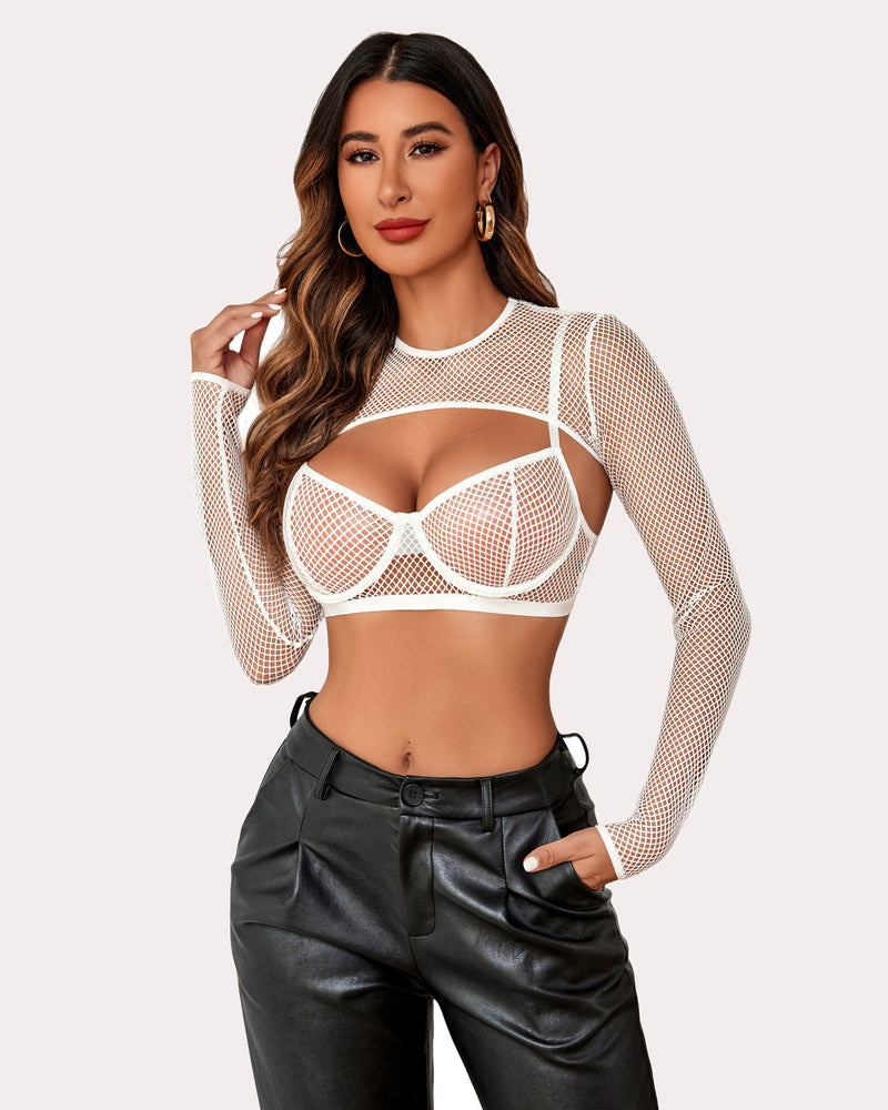3 Pcs Fishnet Crop Sheer Sets (DE Only) Lingerie Sets-Bra Sets - Tophatter Daily Deals