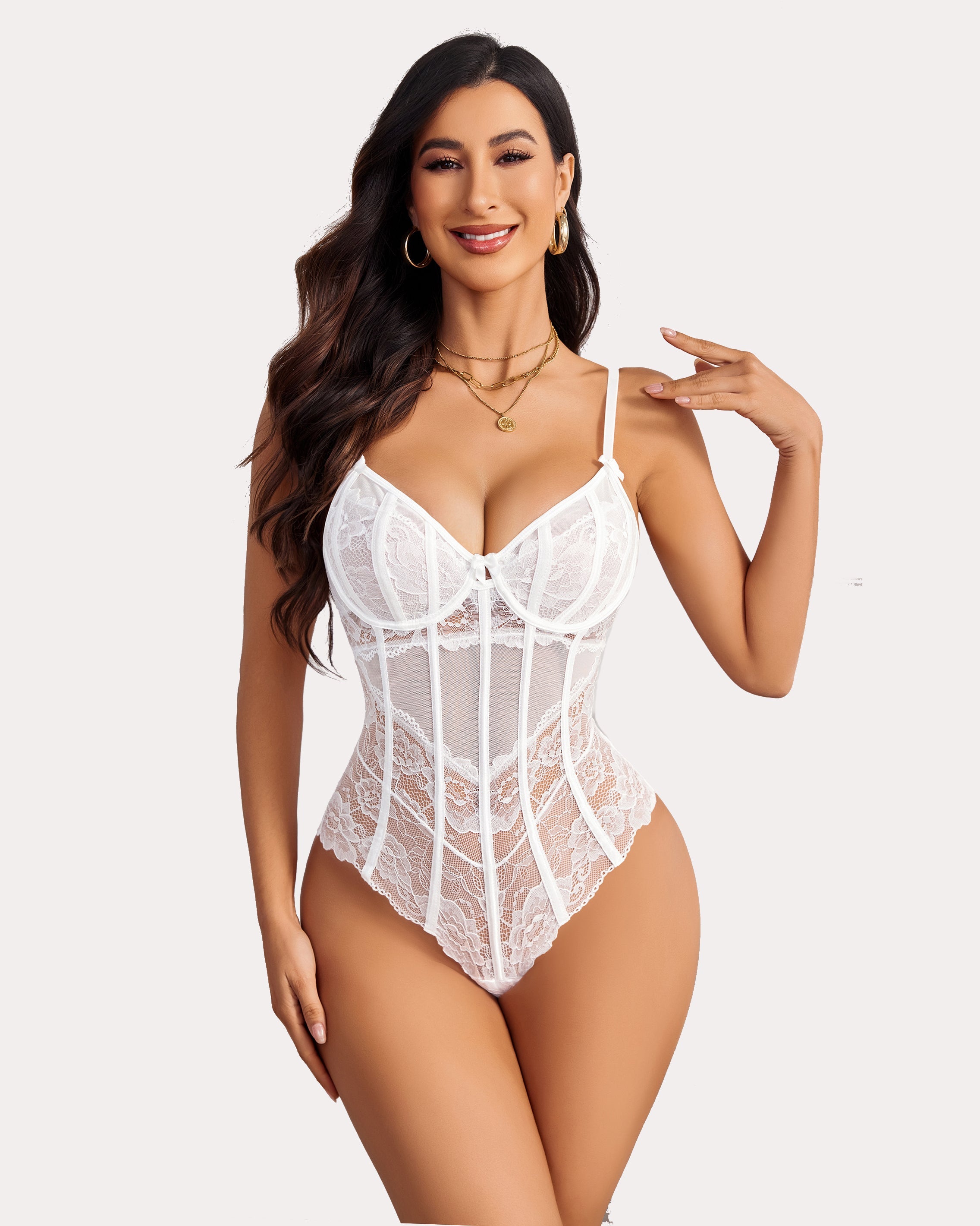 Lace One Piece Underwire V Neck Tops White Lingeries-Bodysuits - Tophatter Daily Deals