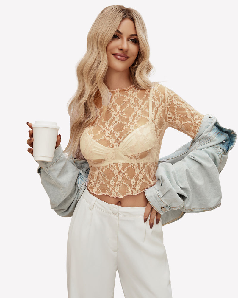 Long Sleeve Mesh Top Sheer Blouse Lingeries-Crop tops - Tophatter Daily Deals