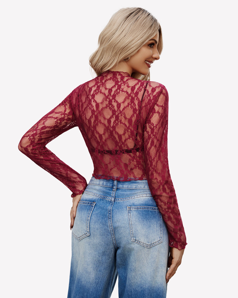 Long Sleeve Mesh Top Sheer Blouse Lingeries-Crop tops - Tophatter Daily Deals