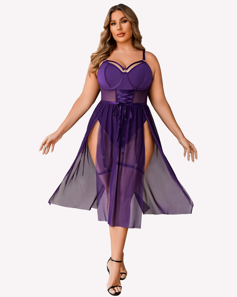 Plus Size Bodysuit with High Slit dress Purple Lingerie Sets-Plus size - Tophatter Daily Deals