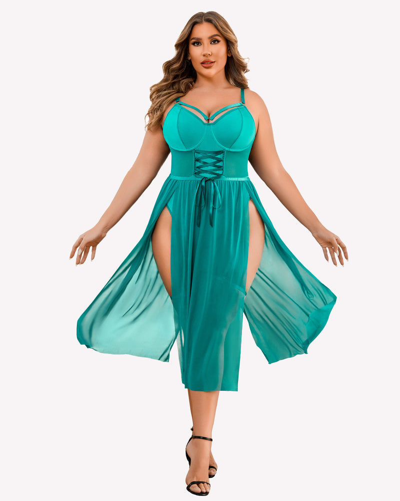 Plus Size Bodysuit with High Slit dress Peacock Blue Lingerie Sets-Plus size - Tophatter Daily Deals