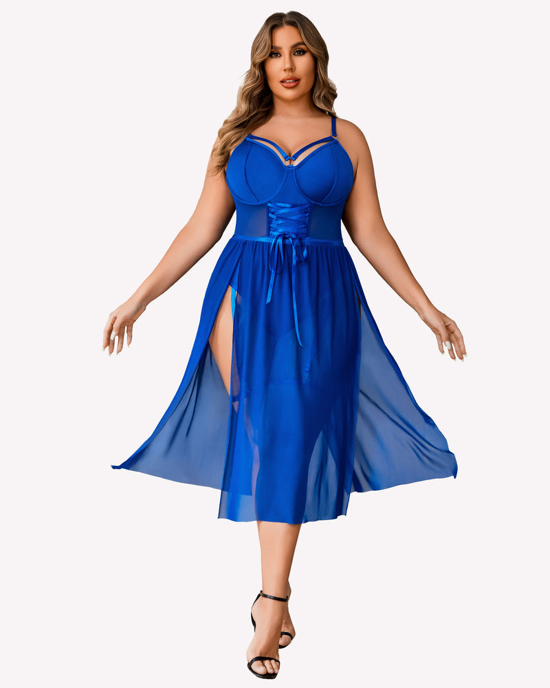 Plus Size Bodysuit with High Slit dress Royal Blue Lingerie Sets-Plus size - Tophatter Daily Deals