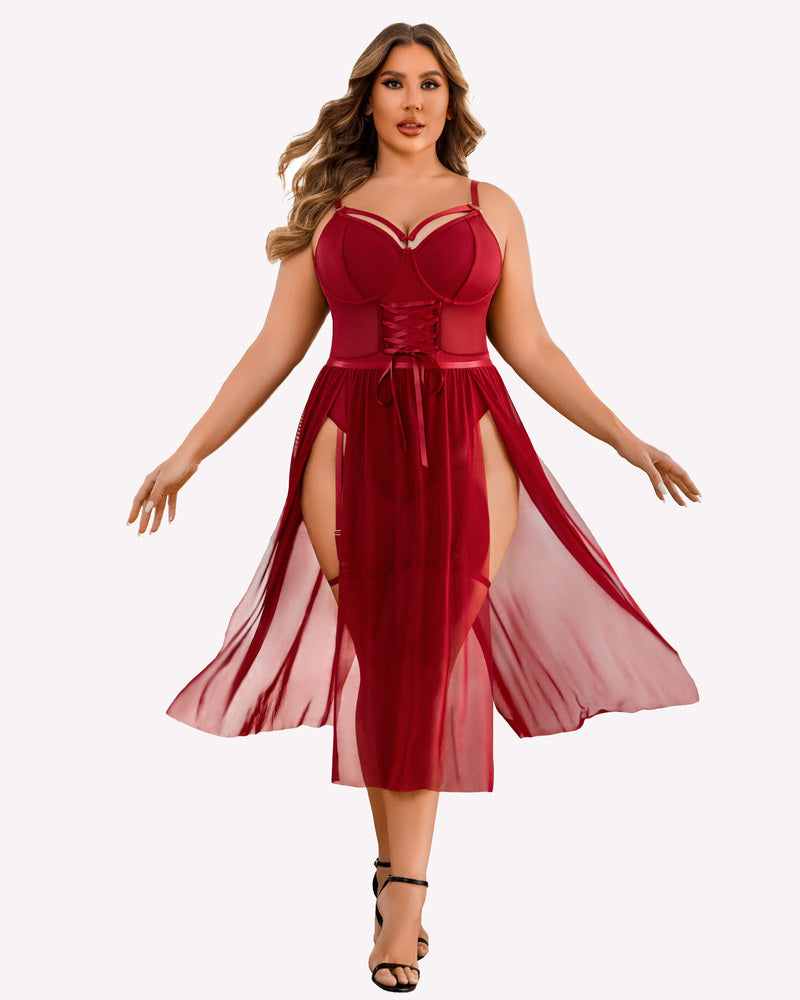 Plus Size Bodysuit with High Slit dress Wine Red Lingerie Sets-Plus size - Tophatter Daily Deals