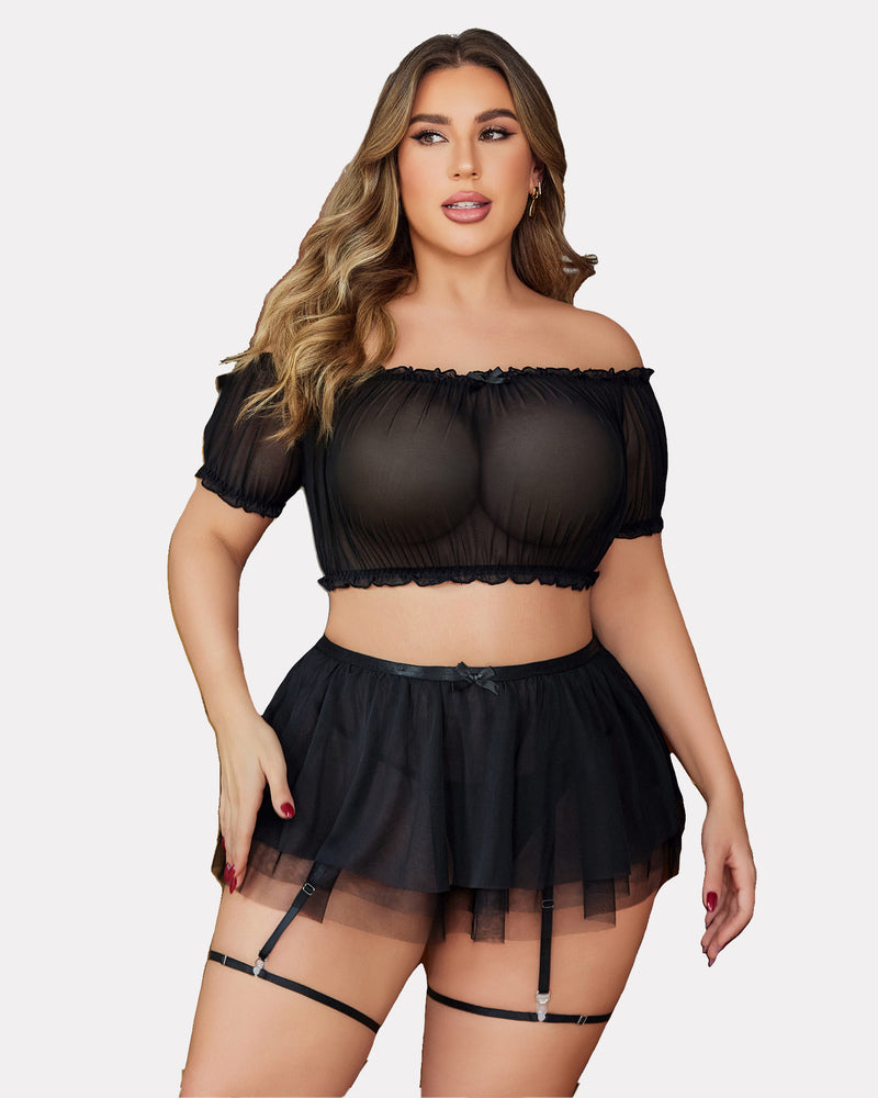 Plus Size Garter Mesh Lingerie Set Black Lingerie Sets-Skirt Sets - Tophatter Daily Deals
