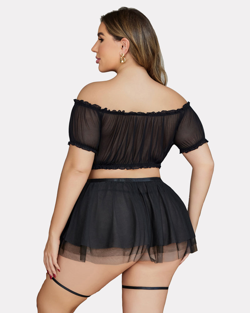 Plus Size Garter Mesh Lingerie Set Lingerie Sets-Skirt Sets - Tophatter Daily Deals