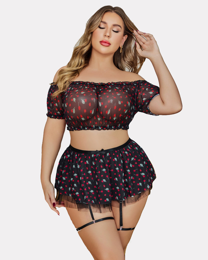 Plus Size Garter Mesh Lingerie Set Black Red Print Lingerie Sets-Skirt Sets - Tophatter Daily Deals