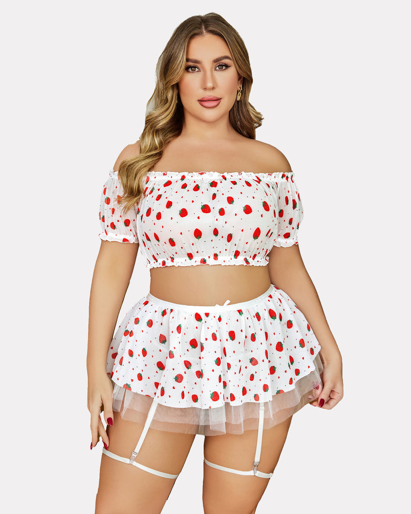 Plus Size Garter Mesh Lingerie Set Strawberry Lingerie Sets-Skirt Sets - Tophatter Daily Deals