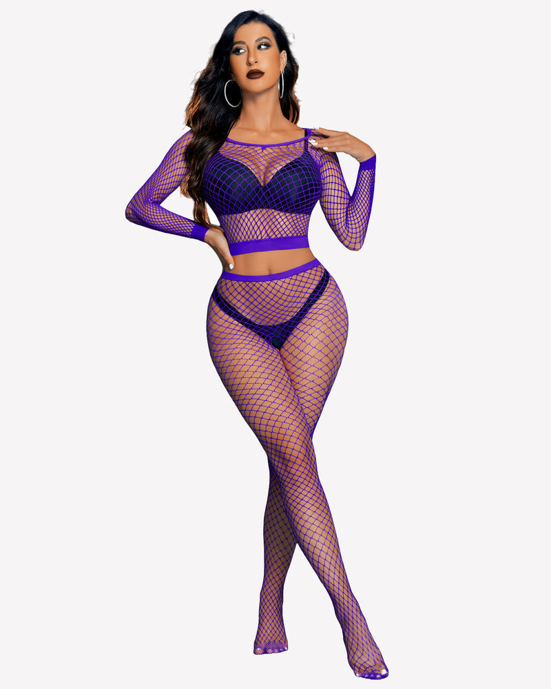 Fishnet Two Piece Lingerie Set Purple One Size Stockings - Tophatter Daily Deals