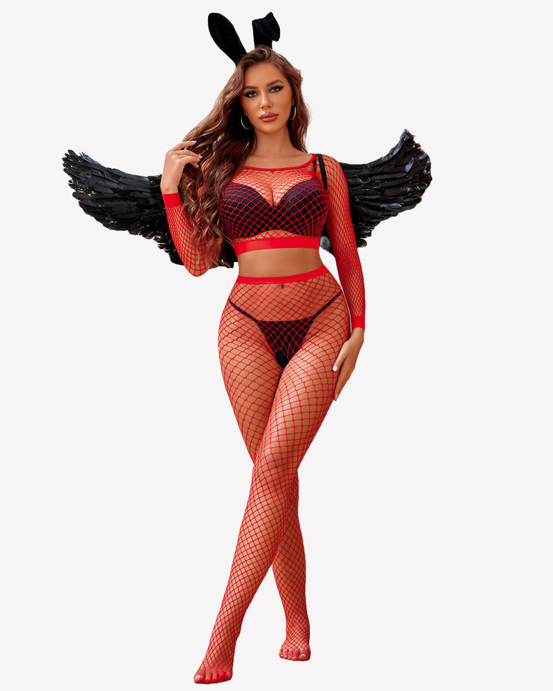 Fishnet Two Piece Lingerie Set Red One Size Stockings - Tophatter Daily Deals
