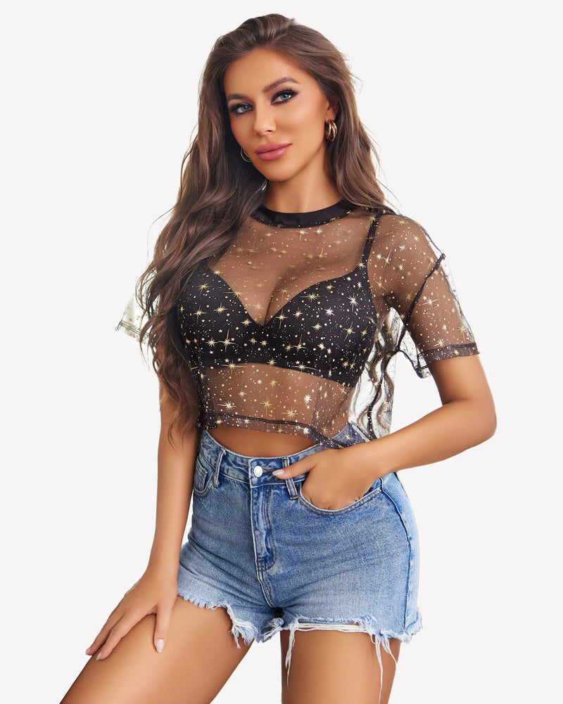 Mesh Tops See Through Shirts Black Star Gold Lingeries-Crop tops - Tophatter Daily Deals