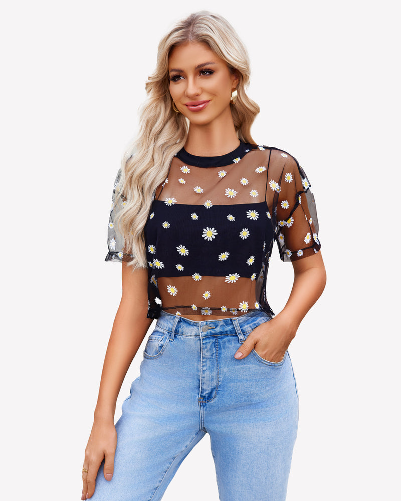 Mesh Tops See Through Shirts Daisy Black Lingeries-Crop tops - Tophatter Daily Deals