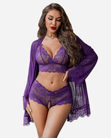 3 Piece Lace Kimono Robe with Bra and Panty Purple Lingerie Sets-Bra Sets - Tophatter Daily Deals