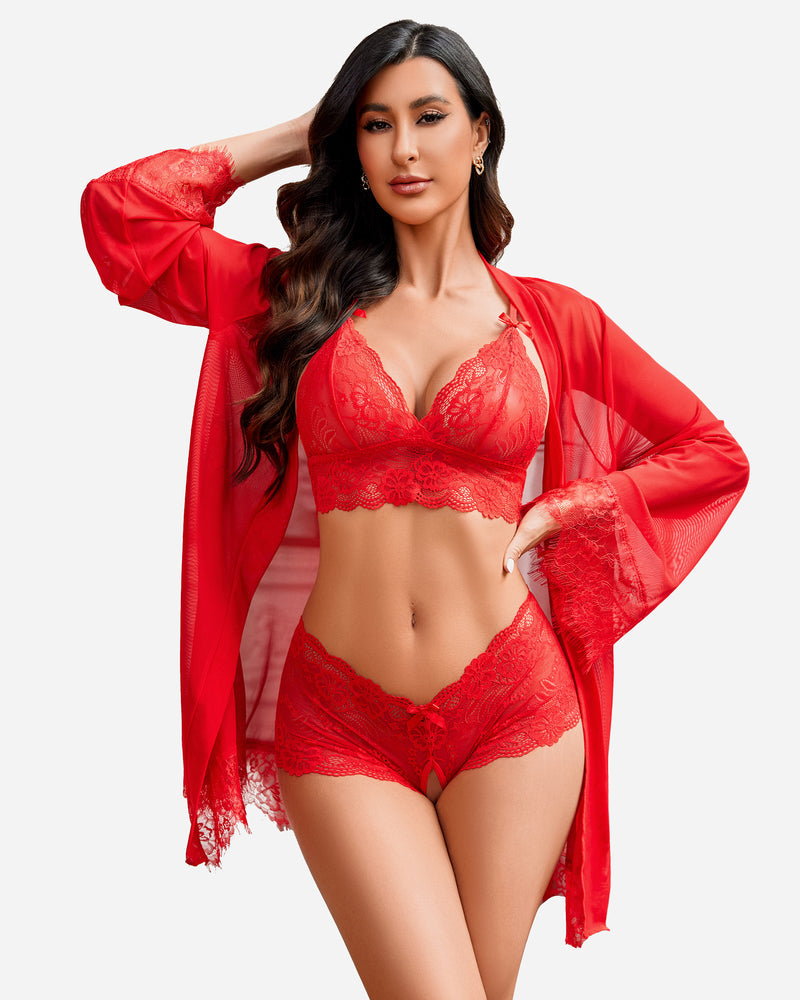 3 Piece Lace Kimono Robe with Bra and Panty Red Lingerie Sets-Bra Sets - Tophatter Daily Deals