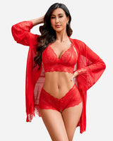 3 Piece Lace Kimono Robe with Bra and Panty Red Lingerie Sets-Bra Sets - Tophatter Daily Deals