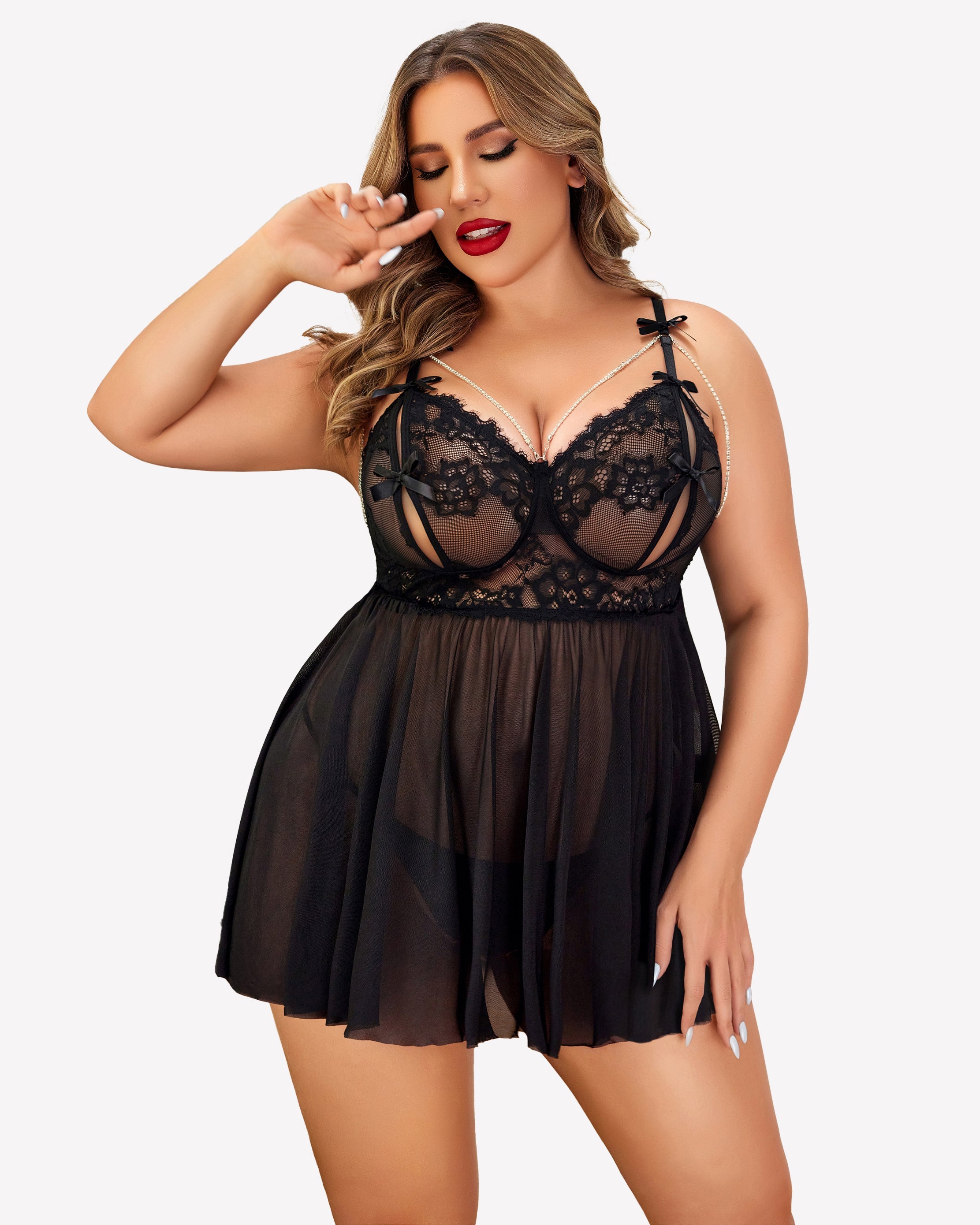 Plus Size Lace Babydoll Nighty Black Lingerie Sets-Plus size - Tophatter Daily Deals