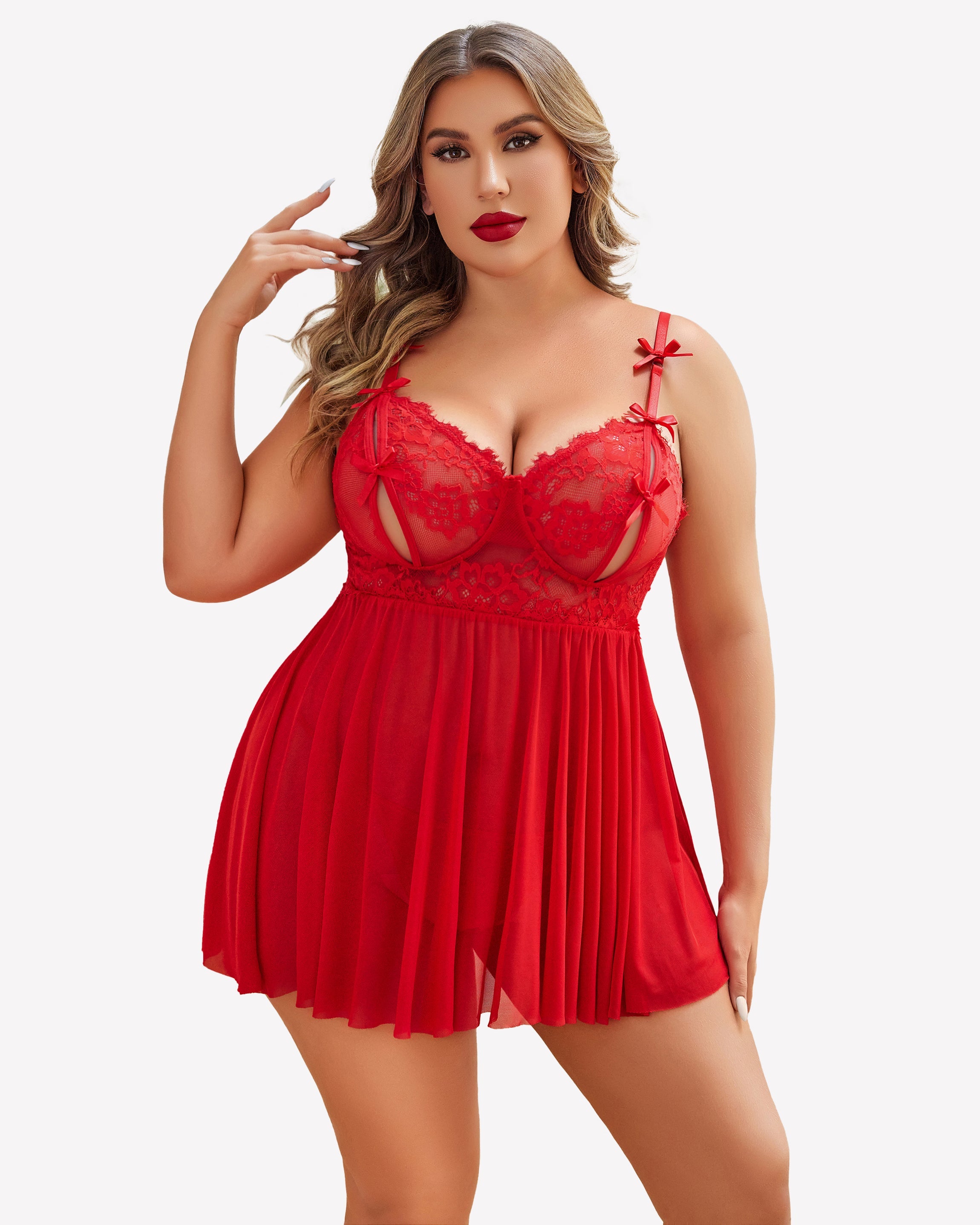 Plus Size Lace Babydoll Nighty Red Lingerie Sets-Plus size - Tophatter Daily Deals