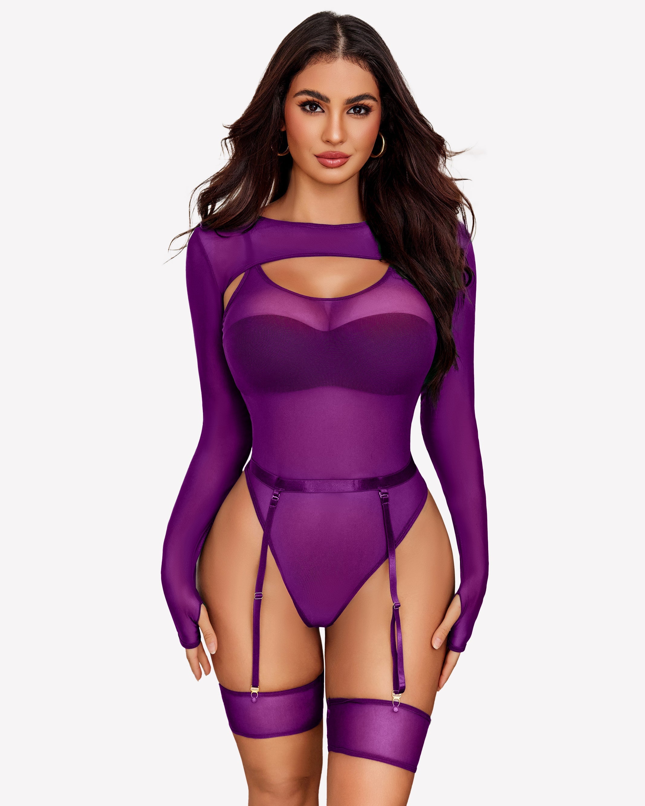 Long Sleeve Mesh Top Teddy Sheer Leotards Lingeries-Bodysuits - Tophatter Daily Deals