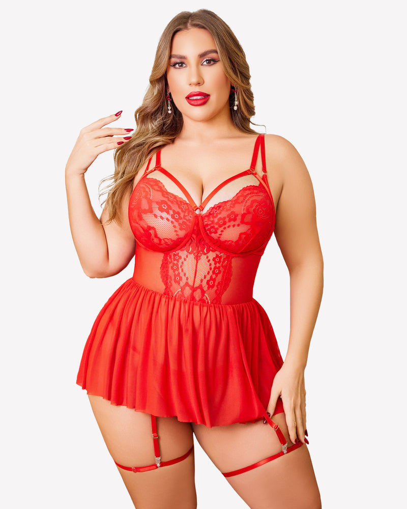 Plus Size Lace Babydoll Boudoir Nighty Red Lingerie Sets-Plus size - Tophatter Daily Deals