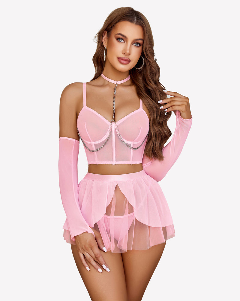 Chain Linked Bustier Lingerie Set Pink Lingerie Sets-Skirt Sets - Tophatter Daily Deals