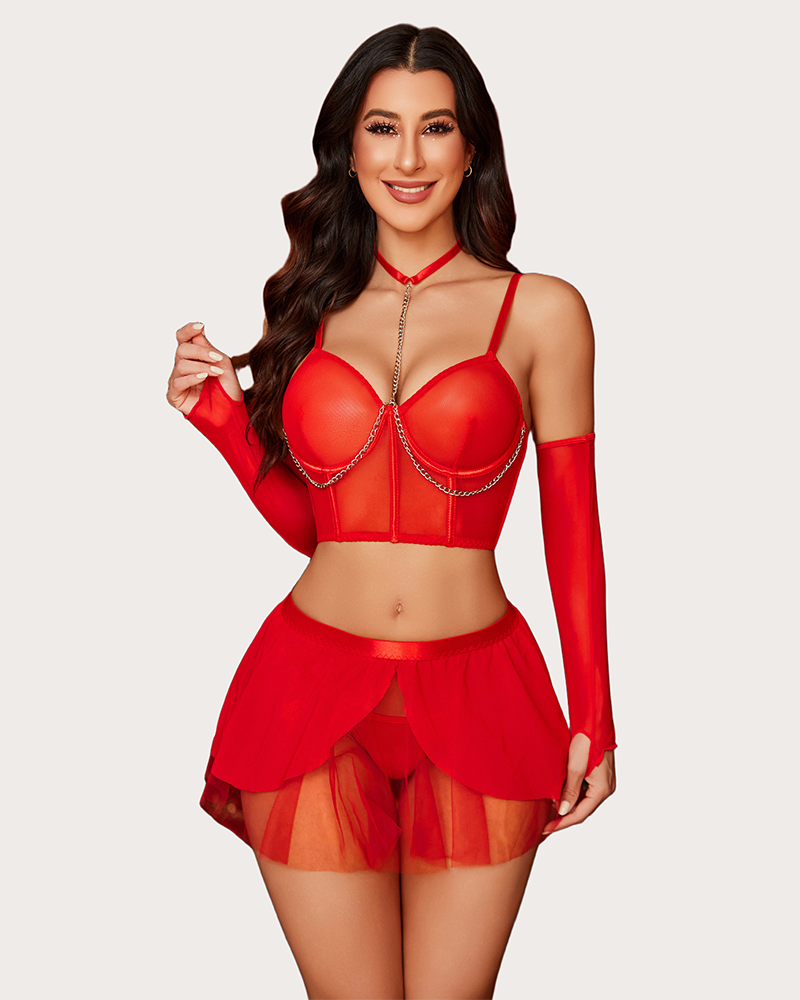 Chain Linked Bustier Lingerie Set Red Lingerie Sets-Skirt Sets - Tophatter Daily Deals
