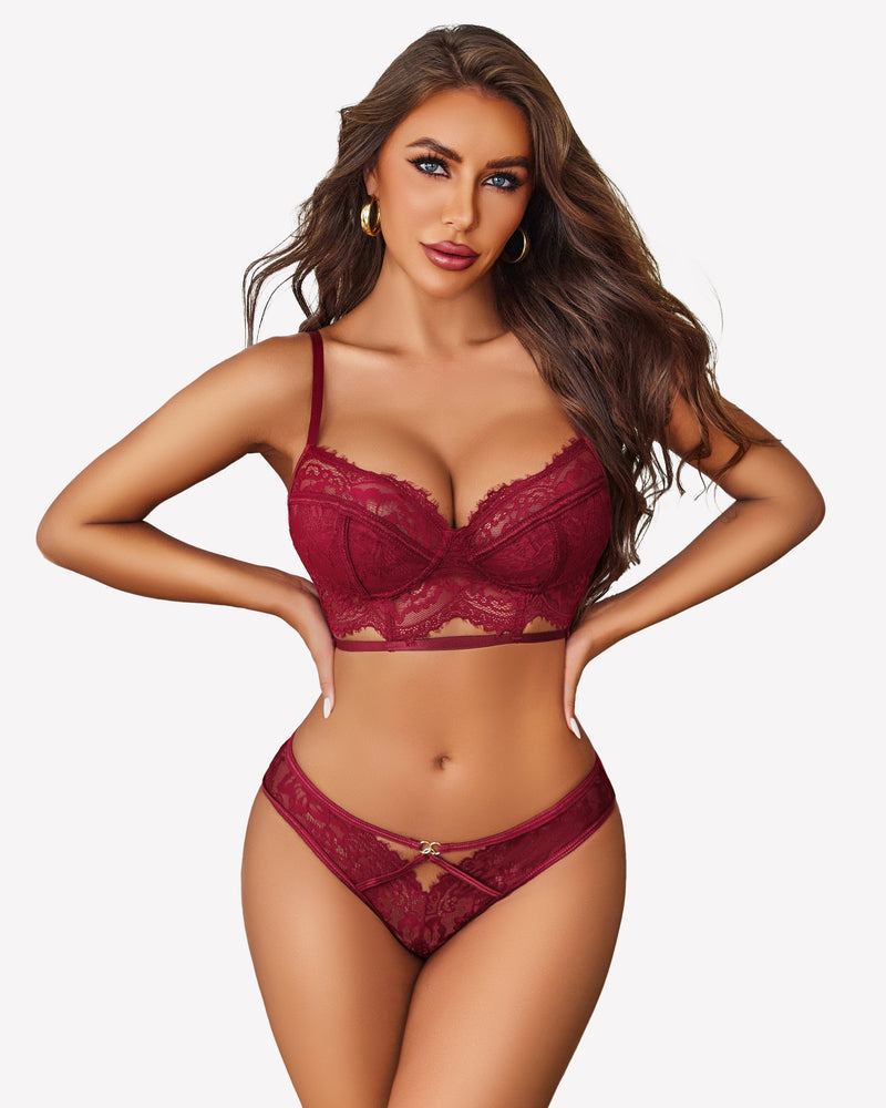 Lace Bra and Panty Sets Wine Red Lingerie Sets-Bra Sets - Tophatter Daily Deals