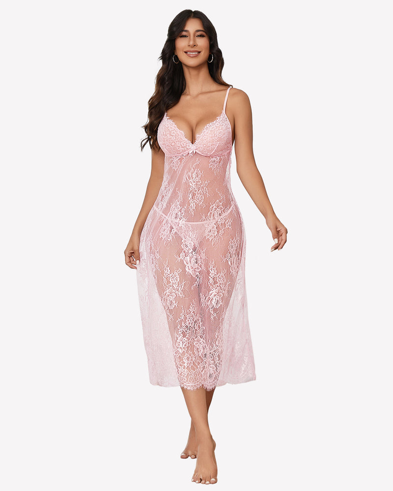 Floral Lace Halter Lingerie Dress Pink Sleepwears-nightgowns - Tophatter Daily Deals