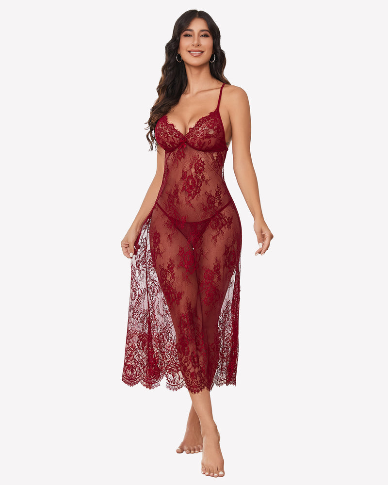 Floral Lace Halter Lingerie Dress Wine Red Sleepwears-nightgowns - Tophatter Daily Deals
