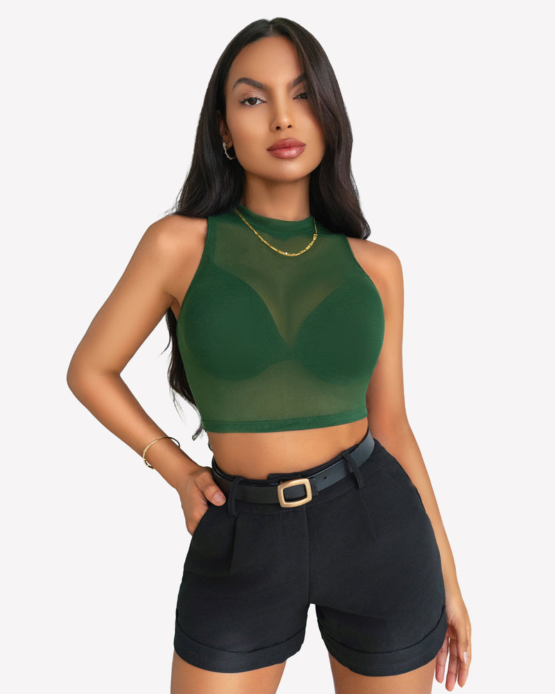 Mesh Crop Top Sheer Tank Shirts Green Lingeries-Crop tops - Tophatter Daily Deals