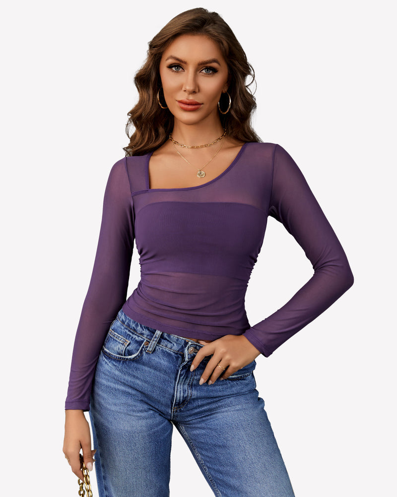Asymmetrical Neck Sheer Crop Top Purple Lingeries-Crop tops - Tophatter Daily Deals