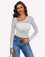 Asymmetrical Neck Sheer Crop Top White Lingeries-Crop tops - Tophatter Daily Deals