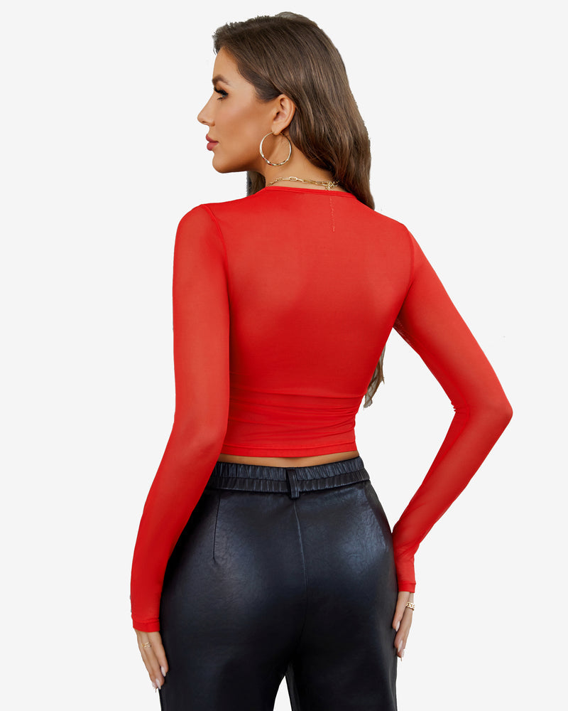 Sheer Mesh Long Sleeve Crop Top Lingeries-Crop tops - Tophatter Daily Deals