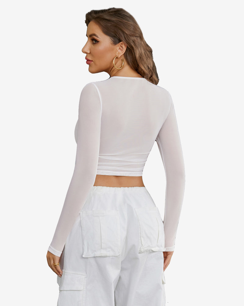 Sheer Mesh Long Sleeve Crop Top Lingeries-Crop tops - Tophatter Daily Deals