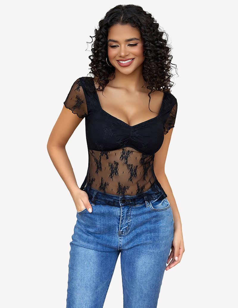 Lace Mesh Short Sleeve Floral Shirt Black Lingeries-Crop tops - Tophatter Daily Deals