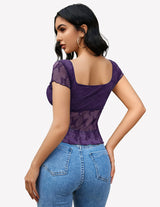 Lace Mesh Short Sleeve Floral Shirt Lingeries-Crop tops - Tophatter Daily Deals