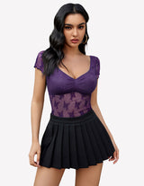 Lace Mesh Short Sleeve Floral Shirt Lingeries-Crop tops - Tophatter Daily Deals