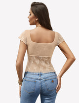 Lace Mesh Short Sleeve Floral Shirt Lingeries-Crop tops - Tophatter Daily Deals