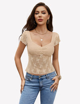 Lace Mesh Short Sleeve Floral Shirt Khaki Lingeries-Crop tops - Tophatter Daily Deals