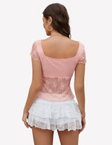 Lace Mesh Short Sleeve Floral Shirt Lingeries-Crop tops - Tophatter Daily Deals