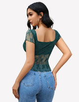 Lace Mesh Short Sleeve Floral Shirt Lingeries-Crop tops - Tophatter Daily Deals