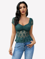 Lace Mesh Short Sleeve Floral Shirt Green Lingeries-Crop tops - Tophatter Daily Deals