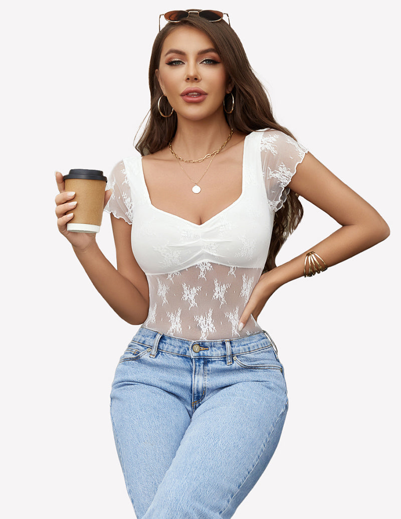 Lace Mesh Short Sleeve Floral Shirt Lingeries-Crop tops - Tophatter Daily Deals