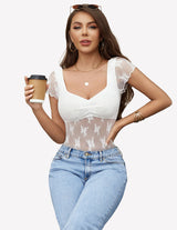 Lace Mesh Short Sleeve Floral Shirt Lingeries-Crop tops - Tophatter Daily Deals